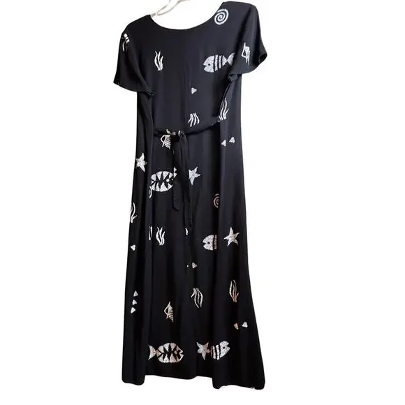 Vtg Connie Choi 90’s Tropical TieBack Maxi Dress Fish Beach Retro‎ Artsy Sz L - Picture 2 of 12